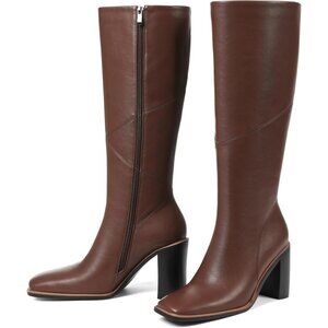 Women’s Polyurethane Brown Square Toe Chunky Block Heel Leather Zip Up Boot